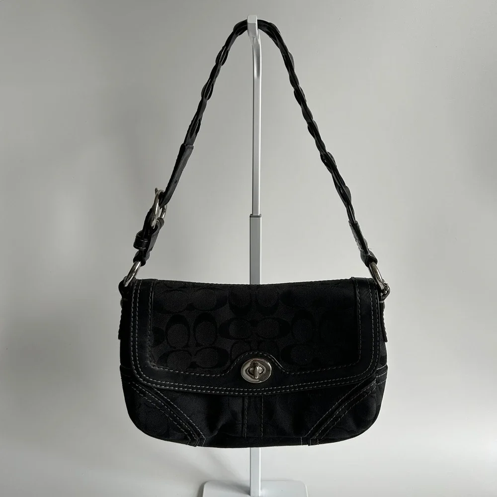 Coach Chelsea Black Signature Canvas Leather Shoulder Bag 11014 Good